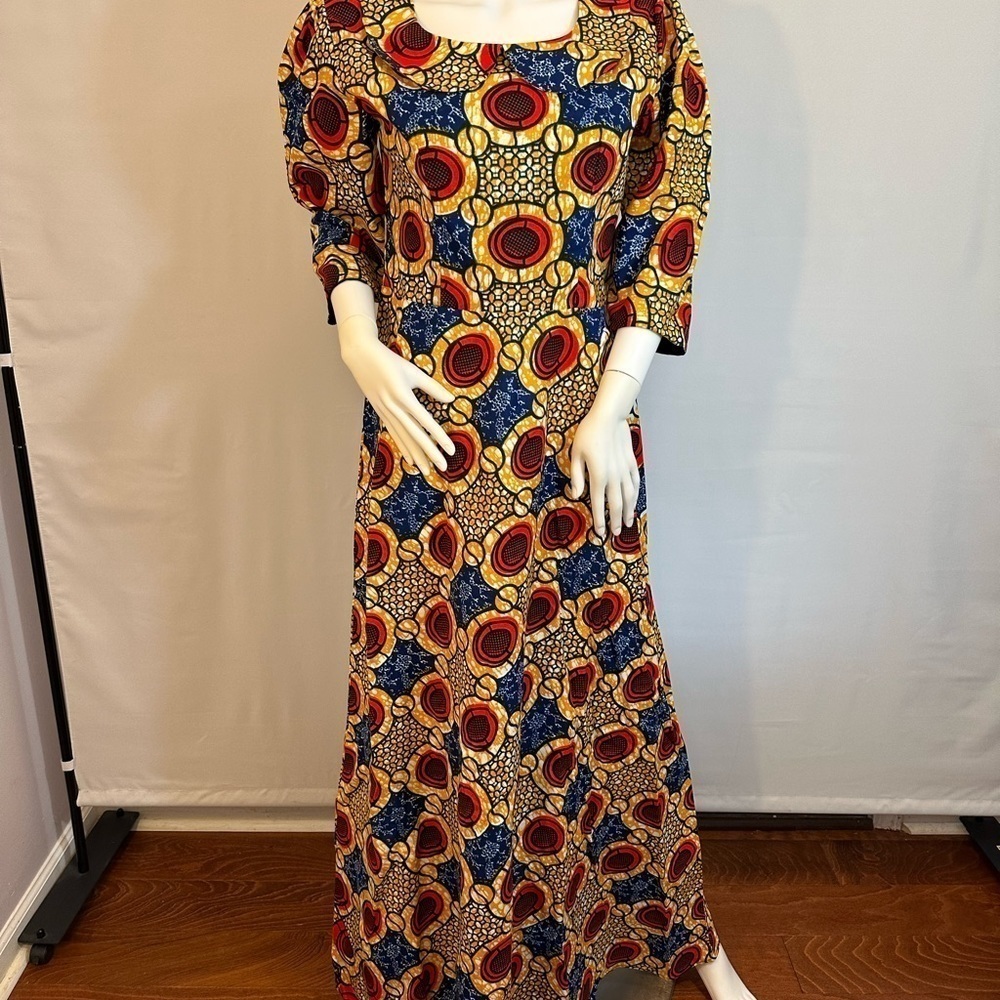 African Akara Womens Maxi Dress Long Fit Flared 3/4 Sleeves Back Zipper Lined